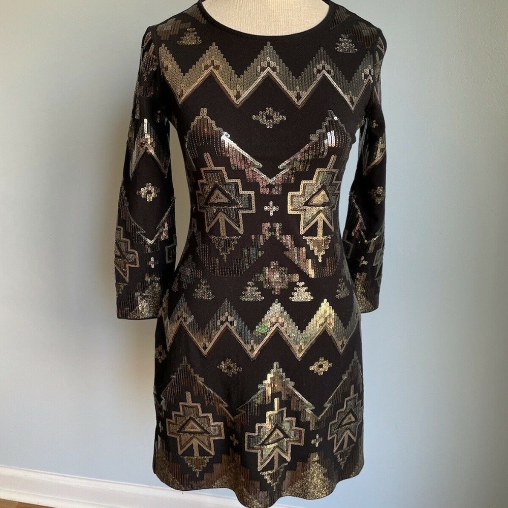 Express Short Black Dress Silver Sequins Size Small S Aztec Pattern 3/4 Sleeves